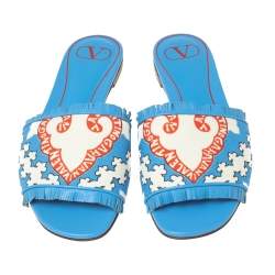 Valentino Blue Canvas Flower Palm Leaf Flat Slides Size 39