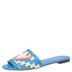 Valentino Blue Canvas Flower Palm Leaf Flat Slides Size 39
