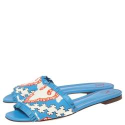 Valentino Blue Canvas Flower Palm Leaf Flat Slides Size 39