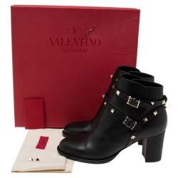 Pre Owned Valentino Black Leather Rockstud Block Heel Ankle Boots Size EU 37