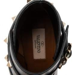Pre Owned Valentino Black Leather Rockstud Block Heel Ankle Boots Size EU 37