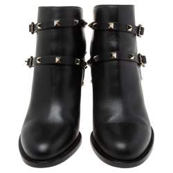 Pre Owned Valentino Black Leather Rockstud Block Heel Ankle Boots Size EU 37