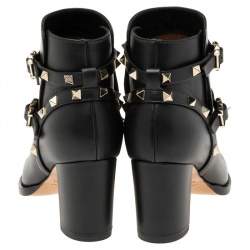 Pre Owned Valentino Black Leather Rockstud Block Heel Ankle Boots Size EU 37