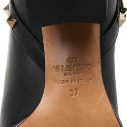 Pre Owned Valentino Black Leather Rockstud Block Heel Ankle Boots Size EU 37