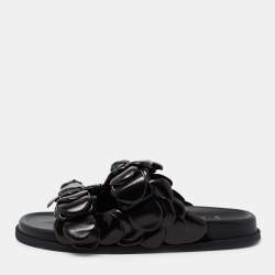 Pre Owned Valentino Black Leather Atelier 03 Rose Edition Flat Slides Size 37