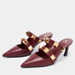 Pre Owned Valentino Burgundy Leather Roman Stud Kitten Heel Mules Size 37