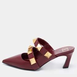 Pre Owned Valentino Burgundy Leather Roman Stud Kitten Heel Mules Size 37