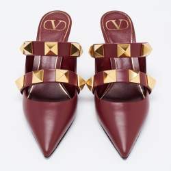 Pre Owned Valentino Burgundy Leather Roman Stud Kitten Heel Mules Size 37