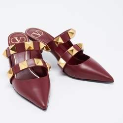 Pre Owned Valentino Burgundy Leather Roman Stud Kitten Heel Mules Size 37
