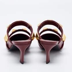 Pre Owned Valentino Burgundy Leather Roman Stud Kitten Heel Mules Size 37