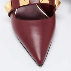 Pre Owned Valentino Burgundy Leather Roman Stud Kitten Heel Mules Size 37