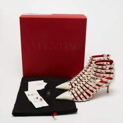 Pre Owned Valentino Off White Patent Leather Rockstud Alcove Ankle Booties Size 37.5