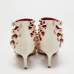 Pre Owned Valentino Off White Patent Leather Rockstud Alcove Ankle Booties Size 37.5