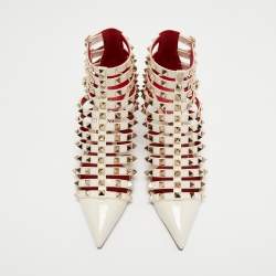 Pre Owned Valentino Off White Patent Leather Rockstud Alcove Ankle Booties Size 37.5
