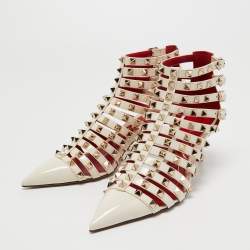 Pre Owned Valentino Off White Patent Leather Rockstud Alcove Ankle Booties Size 37.5
