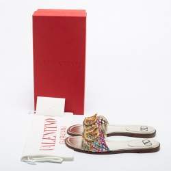 Pre Owned Valentino Multicolor Braided Leather VLOGO Flat Slides Size 38