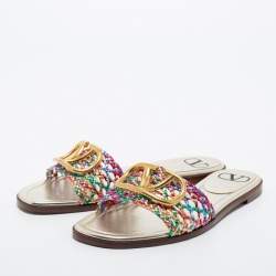 Pre Owned Valentino Multicolor Braided Leather VLOGO Flat Slides Size 38