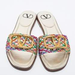 Pre Owned Valentino Multicolor Braided Leather VLOGO Flat Slides Size 38
