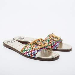 Pre Owned Valentino Multicolor Braided Leather VLOGO Flat Slides Size 38