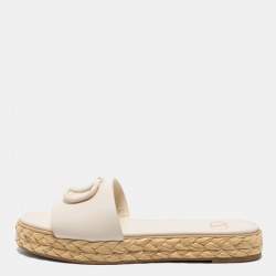 Valentino Off-White Leather VLogo Signature Raffia Espadrille Flat Slides Size 38