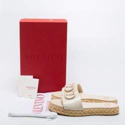 Valentino Off-White Leather VLogo Signature Raffia Espadrille Flat Slides Size 38