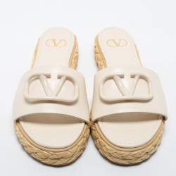 Valentino Off-White Leather VLogo Signature Raffia Espadrille Flat Slides Size 38