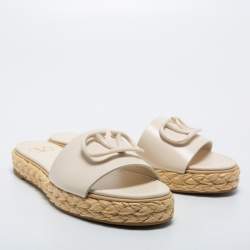 Valentino Off-White Leather VLogo Signature Raffia Espadrille Flat Slides Size 38