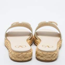 Valentino Off-White Leather VLogo Signature Raffia Espadrille Flat Slides Size 38