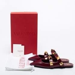 Pre Owned Valentino Burgundy Leather Roman Stud Flat Mules Size 38