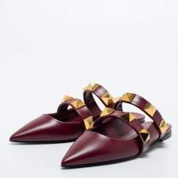 Pre Owned Valentino Burgundy Leather Roman Stud Flat Mules Size 38
