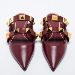 Pre Owned Valentino Burgundy Leather Roman Stud Flat Mules Size 38