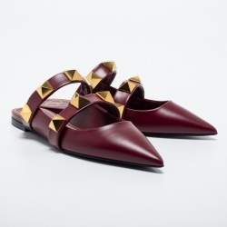 Pre Owned Valentino Burgundy Leather Roman Stud Flat Mules Size 38