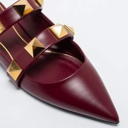 Pre Owned Valentino Burgundy Leather Roman Stud Flat Mules Size 38