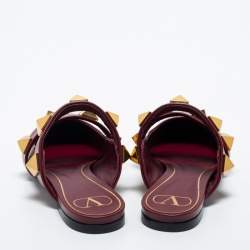 Pre Owned Valentino Burgundy Leather Roman Stud Flat Mules Size 38