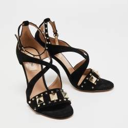 Pre Owned Valentino Black Suede Rockstud Ankle Strap Sandals Size 36