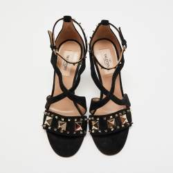 Pre Owned Valentino Black Suede Rockstud Ankle Strap Sandals Size 36