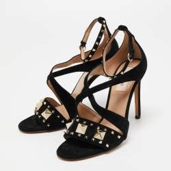 Pre Owned Valentino Black Suede Rockstud Ankle Strap Sandals Size 36