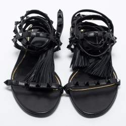 مملوكة مسبقًا Valentino Black Leather Rockstud Ankle Tie Flat Sandals Size 38