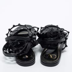 مملوكة مسبقًا Valentino Black Leather Rockstud Ankle Tie Flat Sandals Size 38
