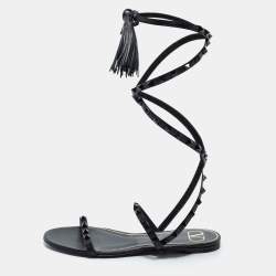 مملوكة مسبقًا Valentino Black Leather Rockstud Ankle Tie Flat Sandals Size 38