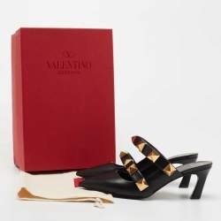 Pre Owned Valentino Black Leather Roman Stud Pointed Toe Mules Size 37.5