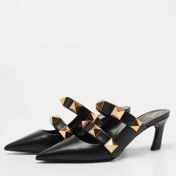Pre Owned Valentino Black Leather Roman Stud Pointed Toe Mules Size 37.5