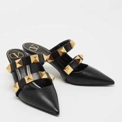 Pre Owned Valentino Black Leather Roman Stud Pointed Toe Mules Size 37.5