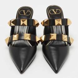 Pre Owned Valentino Black Leather Roman Stud Pointed Toe Mules Size 37.5