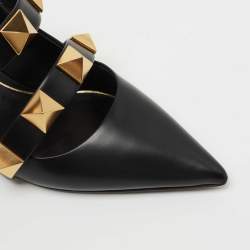 Pre Owned Valentino Black Leather Roman Stud Pointed Toe Mules Size 37.5