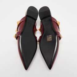 Pre Owned Valentino Burgundy Leather Roman Stud Flat Mules Size 37.5