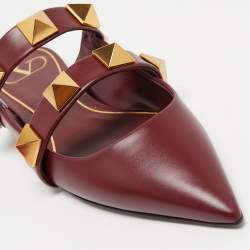 Pre Owned Valentino Burgundy Leather Roman Stud Flat Mules Size 37.5