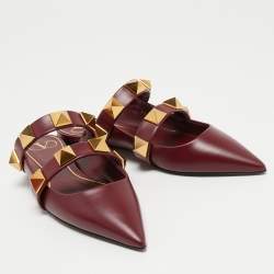 Pre Owned Valentino Burgundy Leather Roman Stud Flat Mules Size 37.5