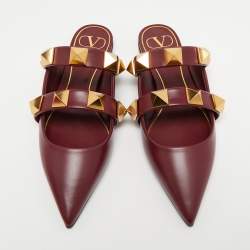 Pre Owned Valentino Burgundy Leather Roman Stud Flat Mules Size 37.5