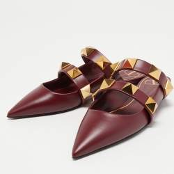 Pre Owned Valentino Burgundy Leather Roman Stud Flat Mules Size 37.5
